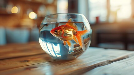 A little goldfish with shiny scales swims in a glass bowl that's sitting on a wooden table inside a room.