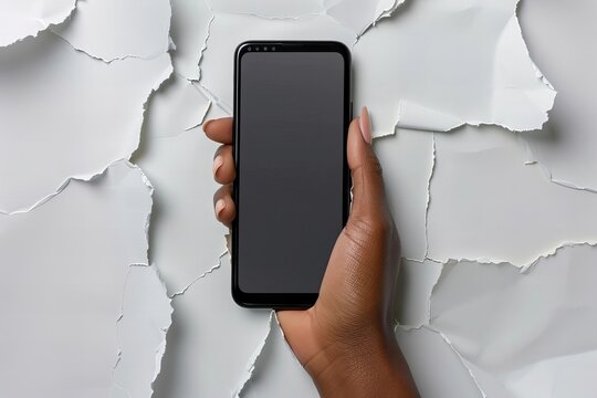 Breaking Barriers: Representation and Diversity in Technology - An impactful image of a black individual breaking through a white paper background to showcase an empty smartphone screen.