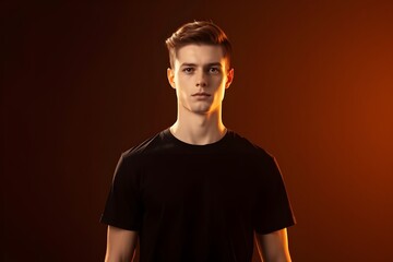 Fototapeta premium Model in Hard Golden Light, Black T-Shirt Mockup, Radiant Style Generative AI