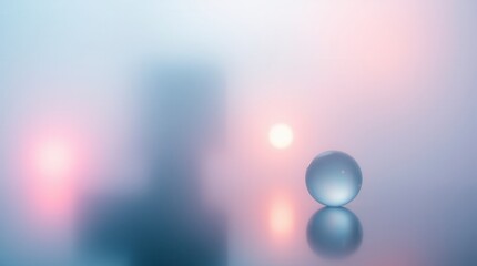 A translucent glass sphere reflects soft pink and blue gradients in a tranquil, dreamy atmosphere.
