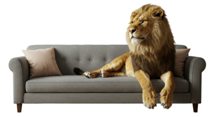 Lion sit on sofa on transparent background, PNG, animal on sofa, wild cat indoors, king of the jungle, lion royalty, 