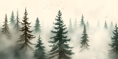 Fototapeta premium Dynamic Watercolor Misty Fir Forest Landscape, Vintage Retro Style Painting AI Generated