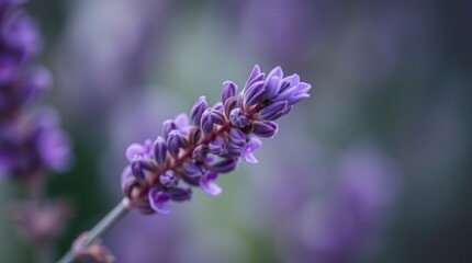 A close-up reveals the intricate beauty of a lavender flower, blooming in soft purple hues.