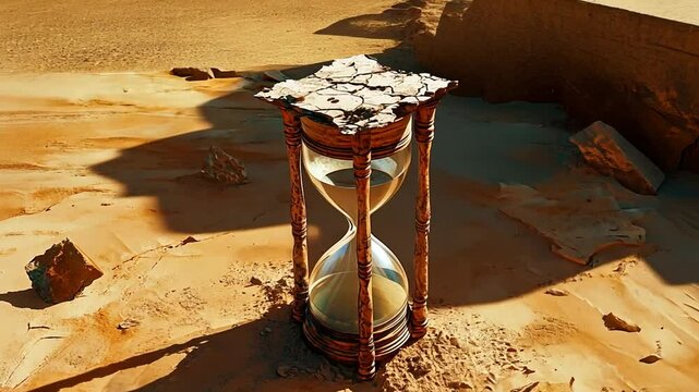 Hourglass in Desert Landscape, Symbolic Representation of Time Passing Slowly