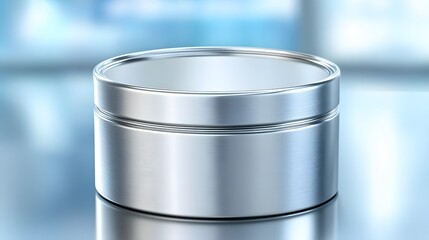 Obraz premium A sleek, empty metal container on a reflective surface with a blurred modern background