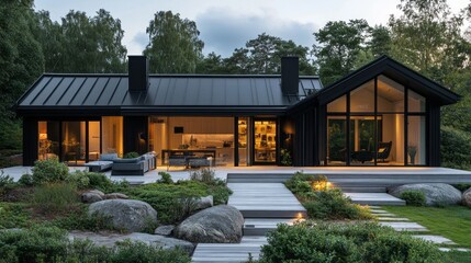 Obraz premium A beautifully designed Scandinavian garden features soft landscaping and sleek modern architecture. The space balances natural elements with contemporary lines, illuminated softly by evening light