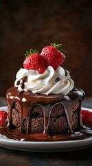 Decadent chocolate cake topped with fresh strawberries and whipped cream served on a plate