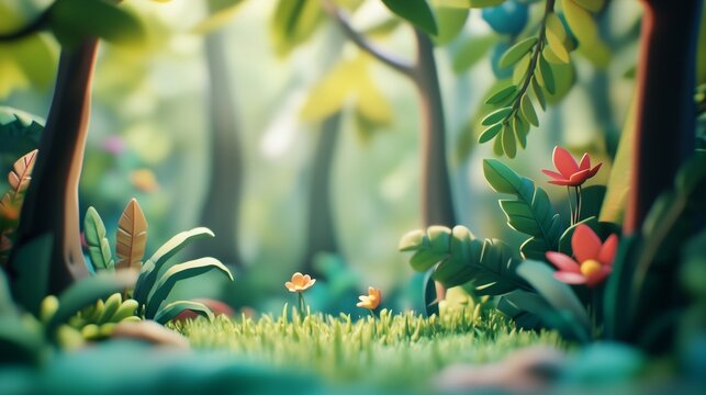 3d animated flowers in the mountains. A simple cartoon is being sprayed on a wallpaper. Illustration of a digital game environment. Three-dimensional animated blossoms in the lifestyle mountains.