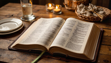 Open Bible with candlelight and fasting symbols, sacred reflection