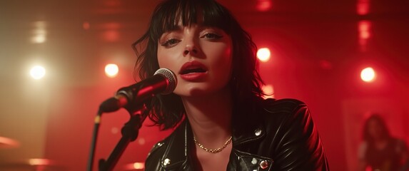 Dynamic performance by a punk rock vocalist in a leather jacket with intense stage lighting