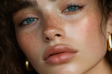 Fototapeta premium portrait captures an effortlessly natural look with dewy skin, soft freckles, and delicate blue eyeliner. The model’s loose waves frame her face, complementing the organic, undone feel