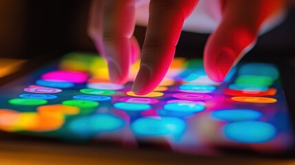 Fototapeta premium Vibrant Digital Interaction: A Close-Up of Fingers Interacting with a Colorful App Interface on a Tablet