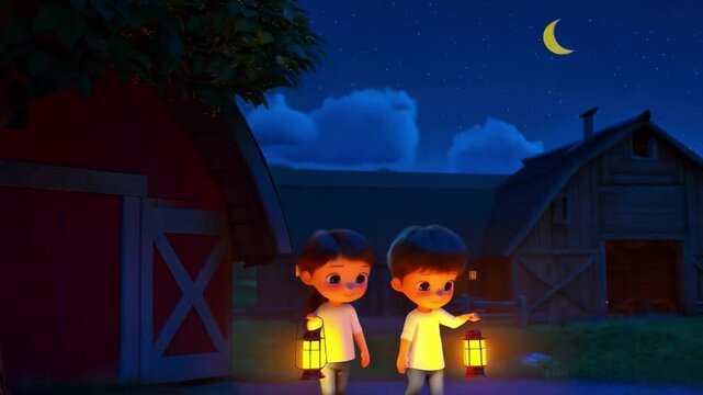 Two animated children with lamps in hand walking out of the house in a fairy tale landscape with farmhouse and crescent new moon in the night sky with clouds and a tree beside Generative AI