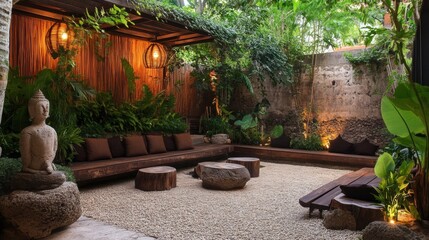A serene and tranquil garden patio, featuring a stone Buddha statue, wooden bench, and stone stools, surrounded by lush greenery and illuminated by warm lighting.