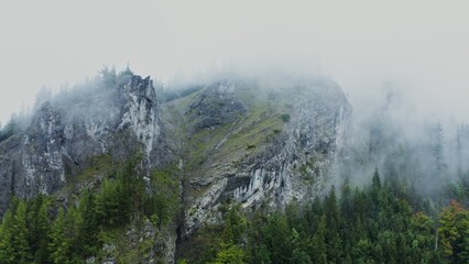 Dynamic video footage from a bird's eye view from a drone, a view of rocky mountain ledges overgrown with dense spruce forest and covered with white clouds