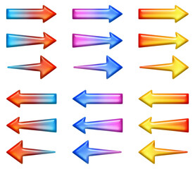 Set of three-dimensional arrows with colorful gradients in early internet style isolated on transparent background