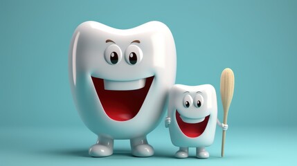 Fototapeta premium Tooth character with toothbrush isolated on blue background with copy space. 3d illustration. Dental concept with copy space