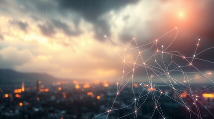 A digital network of interconnected points glows over a blurred cityscape at sunset.