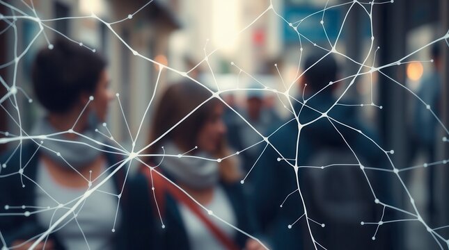 Abstract neural network overlaying a blurred city scene, representing interconnectedness and modern technology.