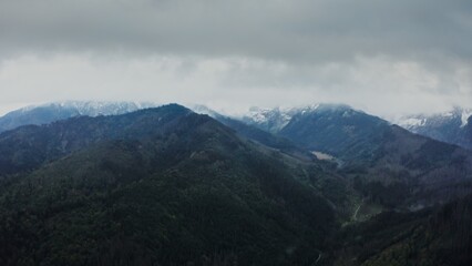 Fototapeta premium Vertical panning from a drone, a view of the mountain valley with a lake in a lowland at the foot of gently sloping mountains overgrown with a dense spruce forest.