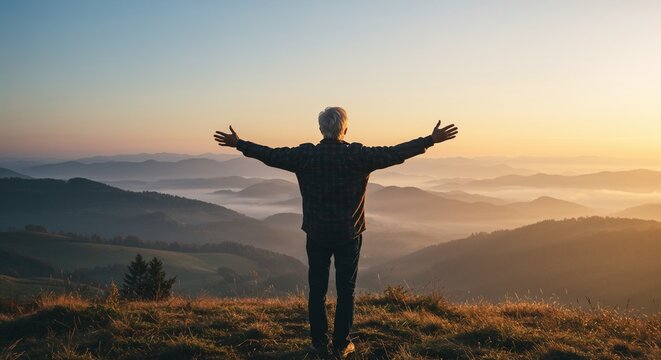 Silhouette of person with outstretched arms on mountain at sunset for inspirational content, retirement planning, wellness blogs, articles about freedom in later life, motivational blogs - Powered by Adobe