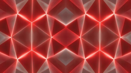 A vibrant red geometric kaleidoscope pattern with triangles and diamonds creates an abstract, symmetrical design.