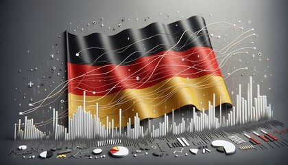 "Dynamic 3D illustration of the German flag waving over a modern city skyline with integrated data charts and graphs, representing economic strength and technological progress."