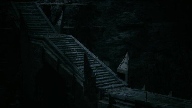 Ancient stone stairs ascend into a shadowy area, surrounded by rugged, natural rock formations. The atmosphere is eerie and intriguing, inviting exploration of hidden paths.