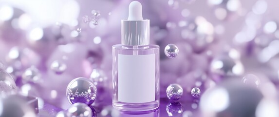 Floating white cosmetic bottle with luxurious spheres in a soft-lit environment