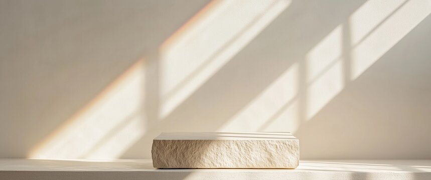 Minimalist podium illuminated by sunlight with rainbow lighting against a white wall for product display
