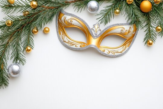 Golden masquerade mask surrounded by holiday decorations and festive greenery on a white background