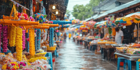 Obraz premium Lively Street Market During Songkran Festival with Vendors Selling Colorful Water Guns, Floral Garlands, and Traditional Thai Snacks, Celebrating the Festive Spirit of Thai New Year.