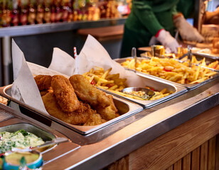 A busy fish and chips shop with delicious servings wrapped in paper on a counter