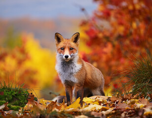 British fox in the wild among autumn leaves with a vibrant backdrop of colors