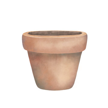 Empty ceramic flowerpot. Hand-drawn watercolor illustration of terracotta pot isolated on white. Clipart element for design