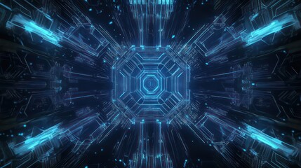 Futuristic circuit board design with glowing blue lines forming intricate patterns, set on a dark navy background.
