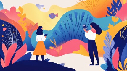 Naklejka premium Exploring digital connections through nature art in a vibrant creative scene