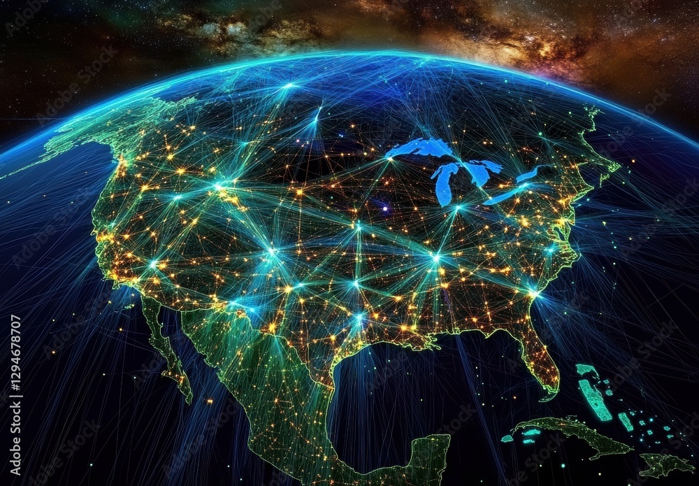 Poster a map of the united states with interconnected dots and lines representing global network connection