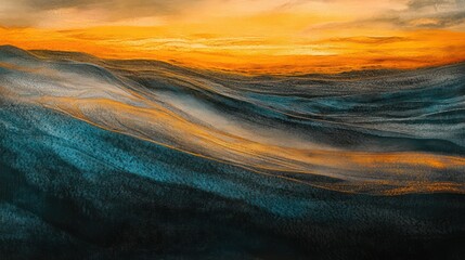 Obraz premium Golden desert dunes under a vibrant sunset sky, with layers of rippling sand and soft shadows creating a serene atmosphere