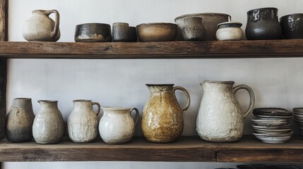 A collection of pottery and ceramic items on a wooden shelf.