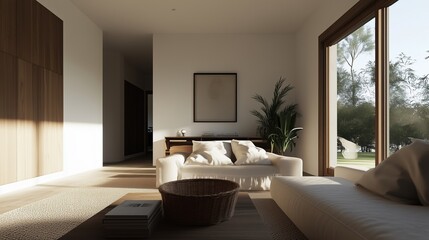 Fototapeta premium Modern Living Room Interior: A bright, inviting living room bathed in natural light, featuring a comfortable sofa, minimalist decor, and a serene view of the outdoors.