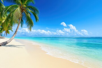 Clear blue waters and sandy beach under a bright sunny sky create a tropical paradise perfect for relaxation and leisure activities