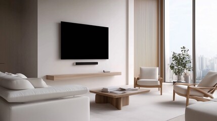 Modern Minimalist Living Room: A sleek and stylish minimalist living room featuring a large flat-screen television mounted on a wall, a wooden shelf, a white sofa, two armchairs, a coffee table.