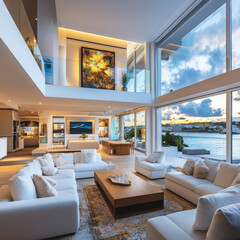 Seaside duplex at sunset with plush sofas, wooden floors, open kitchen, island views, and a cozy bedroom upstairs.