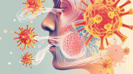 A highly detailed AI-generated medical illustration showing airborne virus transmission, immune response, and respiratory effects, highlighting viral particles and biological reactions.