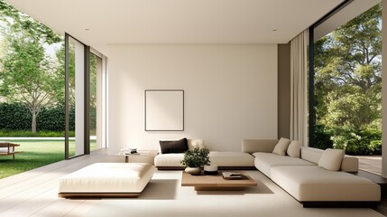 Serene Living Room: A bright and spacious modern living room with large windows that open to a lush garden, creating a seamless transition between indoor and outdoor living.