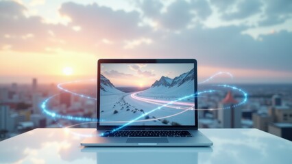 Lone laptop showcases real-time analytics as transparent arcs of streaming data, backed by machine learning for continuous insight.