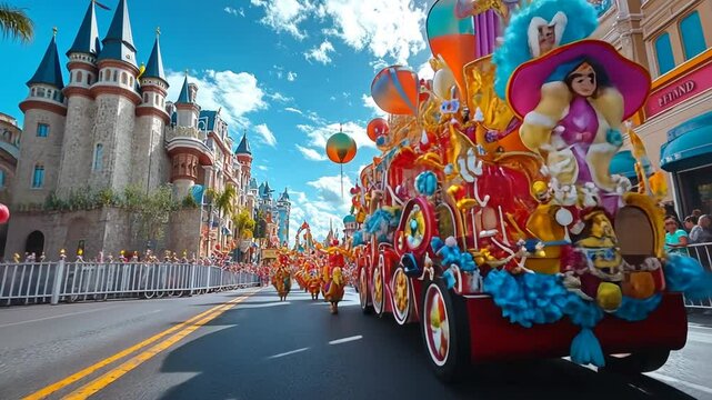 Experience the magic, A vibrant parade with colorful floats and lively performers captivates audiences