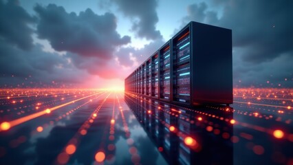 Minimal server rack merges real-time analytics with glowing streaming data, illustrating machine learning operations in a neutral space.