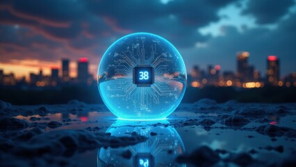 Floating data sphere encloses a mini circuit, depicting real-time analytics and machine learning streams in a sleek, photorealistic style.